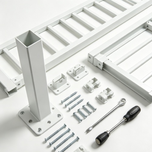 Aluminum courtyard fence panel with vertical pickets and top rail enclosing garden area Aluminum courtyard fence panel with vertical pickets and top rail enclosing garden area