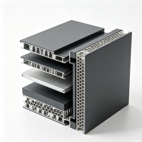 Aluminium honeycomb panel curtain wall cross-section showing core and skins Aluminium honeycomb panel curtain wall cross-section showing core and skins